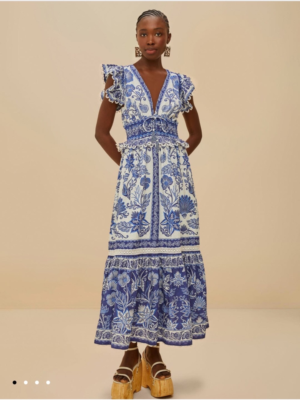 FARM Rio Off-White Shell Garden Blue Maxi Cotton Dress M
